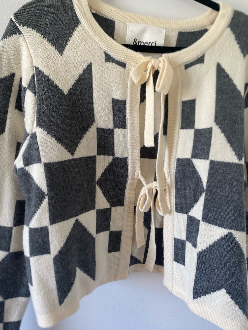 Cream and Dark Gray Geometric Tie-Front Cardigan - Picture 2 of 10